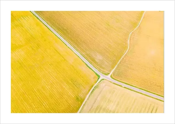Multicolored Clusters Of Agricultural Fields Sown With Different Crops. Aerial View. Beginning Of Agricultural Spring Season. Countryside Rural Fields