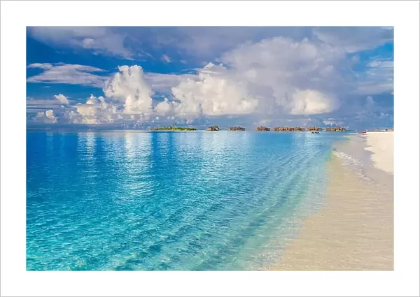 Amazing Maldives island beach, summer vacation and holiday concept. Luxury resort and hotel view, blue sea, white sand, tranquil tropical landscape