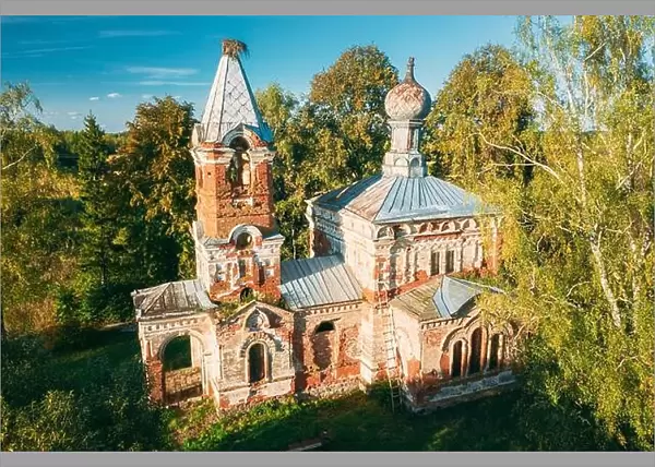 Martinovo, Beshenkovichsky District, Vitebsk Region, Belarus. Bird's-eye View Of Church Of The Intercession Of The Most Holy Theotokos. Aerial View Of
