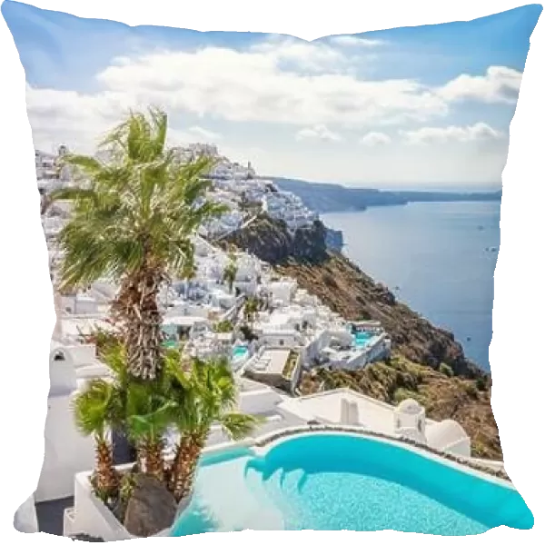 View of caldera and swimming pool, typical white architecture, romantic village on Santorini island, Greece. Summer vacation, cruise ships, sea view