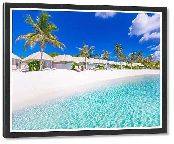 Beautiful luxury Maldives tropical island beach resort. Amazing travel beach landscape, beach villas, palm trees on white sand. Exotic summer view