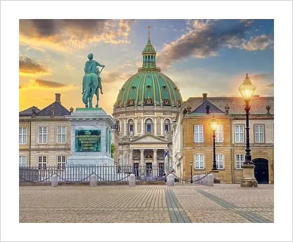 Copenhagen, Denmark - July 02, 2021: Frederik's Church known as The Marble Church and Amalienborg palace with the statue of King Frederick V. Amalienb