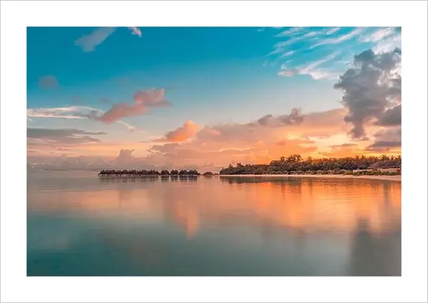 Luxury beach resort. Water villas on island shore, tropical bay lagoon. Sea reflection, peaceful sunset sunrise landscape. Paradise nature