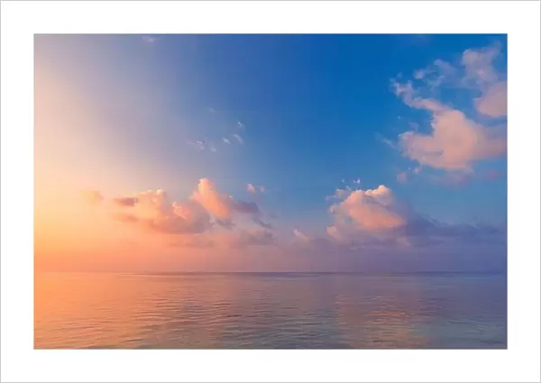 Seascape gold sunset orange blue colorful sky white fluffy clouds sea sun rays, water wave reflection nature landscape seascape. Relax, inspire scenic