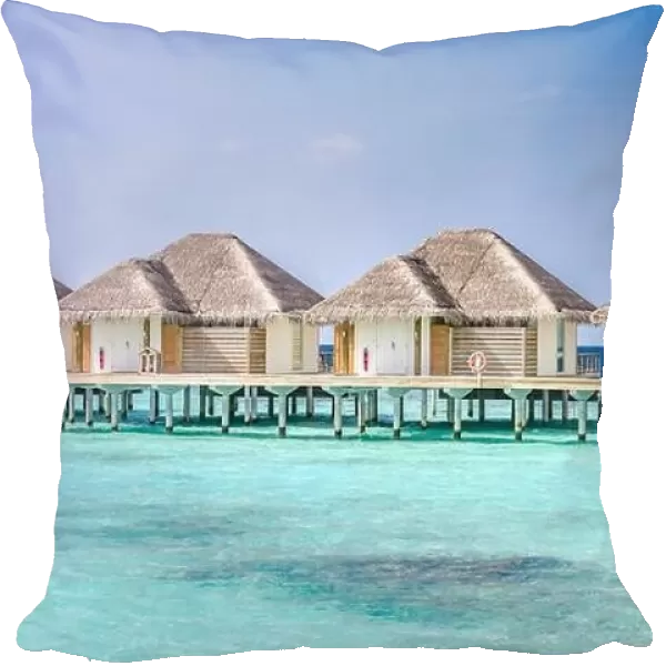 Maldives island water bungalows resort at islands beach. Indian Ocean, Beautiful landscape, luxury resort villas and jetty. Blue lagoon sea