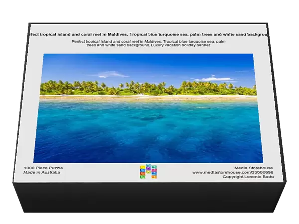 Perfect tropical island and coral reef in Maldives. Tropical blue turquoise sea, palm trees and white sand background. Luxury vacation holiday banner