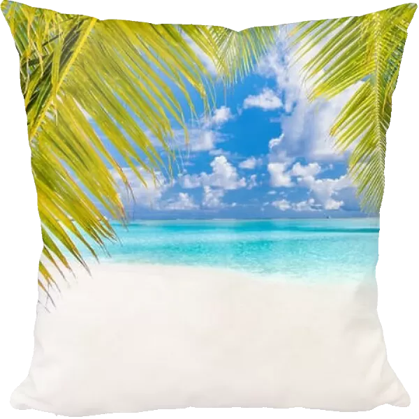 Tranquil beach banner. Palm trees and amazing blue sea view with white sand