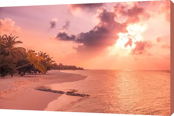 Perfect tropical beach sunset. Beach banner in sunset time. Calm and tranquil exotic nature landscape. Inspirational beach scene