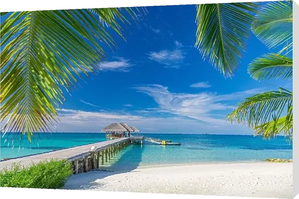 Maldives island beach. Tropical landscape of summer scenery, sea sand sky over jetty pier. Luxury travel vacation destination. Exotic beach landscape