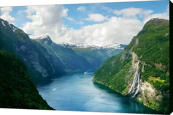 Breathtaking view of Sunnylvsfjorden fjord and famous Seven Sisters waterfalls, near Geiranger village in western Norway. Landscape photography