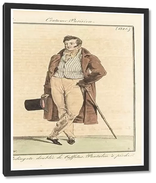 French gentleman with top hat and cane, riding coat lined with taffeta, striped waistcoat or gilet, trousers with foot straps