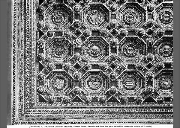Coffered ceiling of Duke Fredrick's Study; work attributed to Baccio Pontelli located in Palazzo Ducale of Urbino