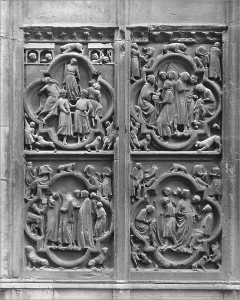 Scenes of the lives of students, sculptures on the southern portal, called of St. Stephen, done by Jean de Chelles and Pierre de Montreuil. Cathedral of Notre-Dame, Paris