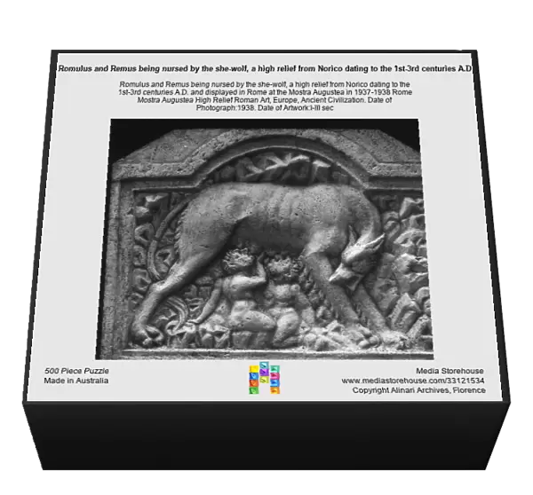 Romulus and Remus being nursed by the she-wolf, a high relief from Norico dating to the 1st-3rd centuries A.D. and displayed in Rome at the Mostra Augustea in 1937-1938