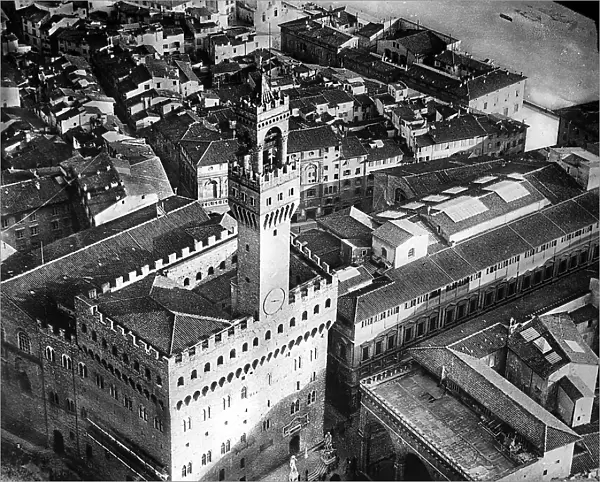 Aerial view of Palazzo Vecchio and the Uffizi Gallery in Florence