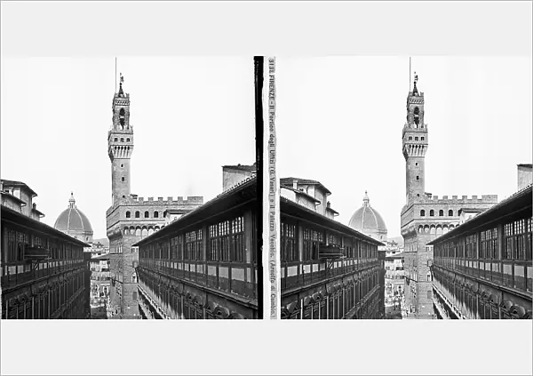 The Uffizi Gallery and, in the background, Palazzo Vecchio and the dome of the Duomo, Florence; stereoscopic image
