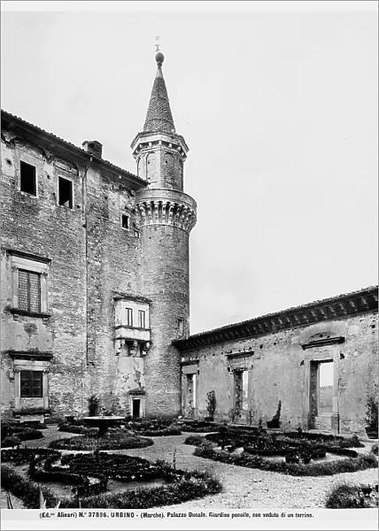 Garden. A small tower of the Ducal Palace is visible. The complex was planned by Luciano Laurana