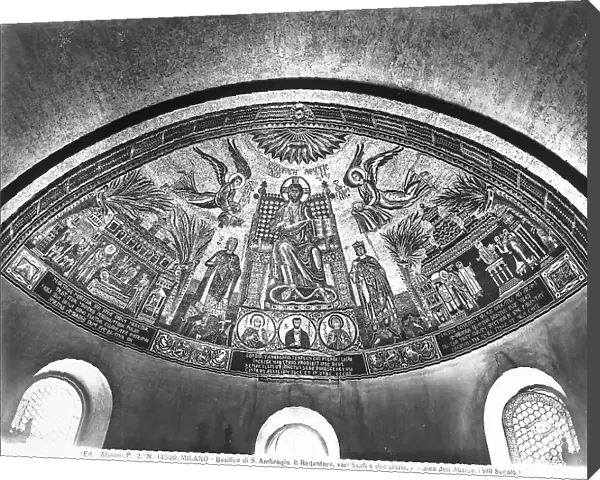 The Redeemer enthroned between Saints Gervasio and Protasio, mosaic of the basin apse, of Bizantine workmanship, of the basilica of Saint Ambrogio in Milan