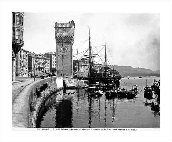 View of the marina of Savona, with the Tower Leon Pancaldo and or the Pilots