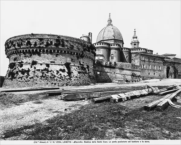 View, posterior part, with bastion and the wall of the Basilica della santa casa in Loreto