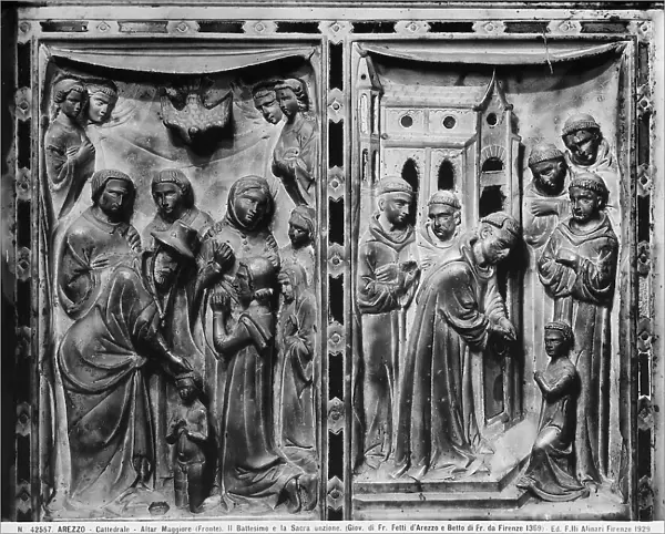 Episodes from the Baptism and the Holy Unction, front side panels of St. Donato's tomb, in the Cathedral of Arezzo