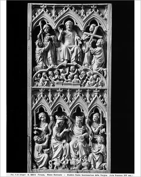 Christ enthroned with Saints and the Blessed and the Coronation of the Virgin. Left panel of an ivory diptych, made in France, in the Sala Carrand of the Museo Nazionale del Bargello, Florence
