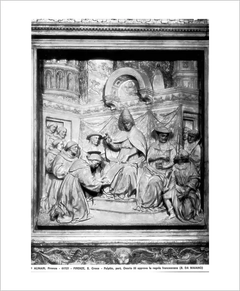 Pope Honorius III approving the rule of Saint Francis, tile of the pulpit, marble, Benedetto da Maiano (1442-1497), Basilica of Santa Croce, Florence
