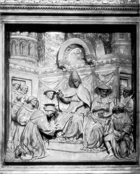 Pope Honorius III approving the rule of Saint Francis, tile of the pulpit, marble, Benedetto da Maiano (1442-1497), Basilica of Santa Croce, Florence