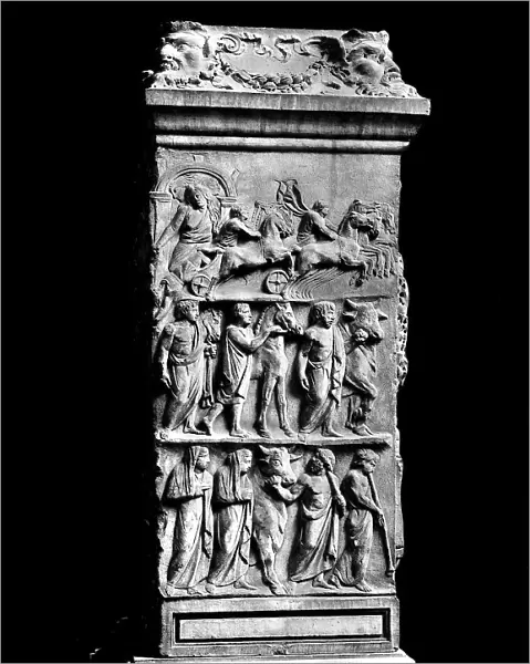 Marble base with a dedication by Tiberius Claudius Faventinus, the so-called 'Casali Altar, ' with a relief depicting Hector and Achilles and people in a procession; in the Vatican Museums, Vatican City