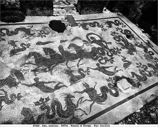 Triumph of Neptune. Mosaic in the entrance hall of the Baths of Neptune in Ostia Antica, in which the divinity, in a chariot pulled by four sea horses, is depicted surrounded by a procession of sea monsters, Nereids and Tritons