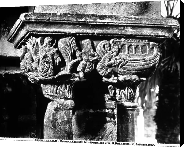 Two sculpted capitals depicting Noah's Ark, in the cloister of the Cathedral of Cefal, Sicily