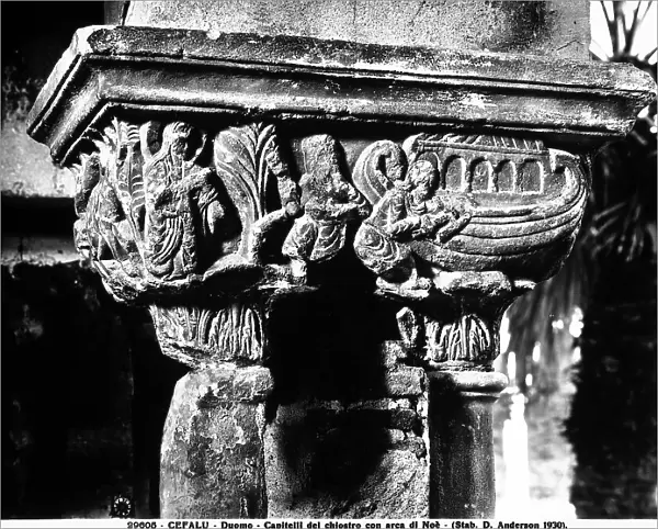 Two sculpted capitals depicting Noah's Ark, in the cloister of the Cathedral of Cefal, Sicily