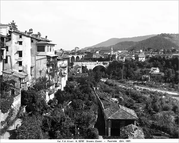 Panoramic view of Dronero with the Maira river and the Bridge of the Devil, Province of Cuneo