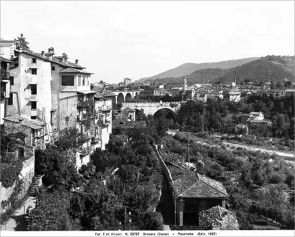 Panoramic view of Dronero with the Maira river and the Bridge of the Devil, Province of Cuneo