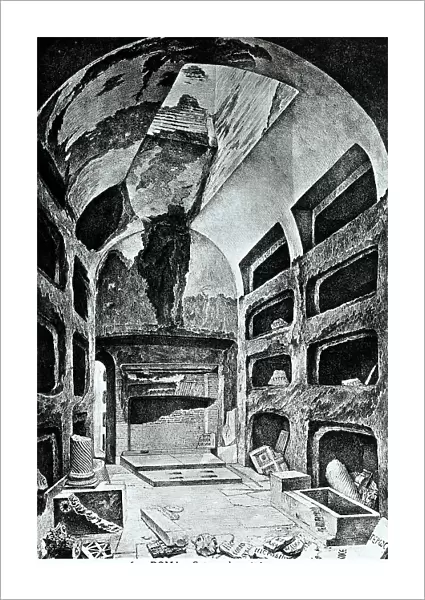 Engraving depicting the Catacombs in Rome