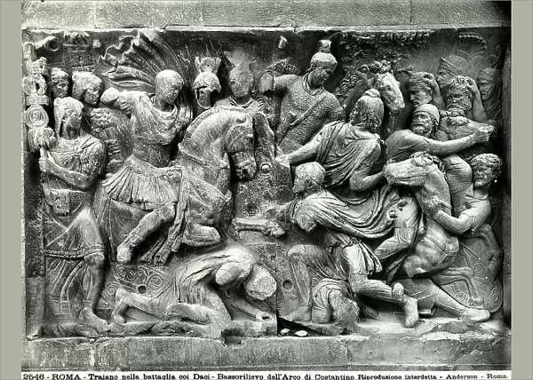 Detail of the large Trajan frieze located in the Arch of Constantine. The scene shows a charge of cavalry led by the Emperor Trajan against the Dacians