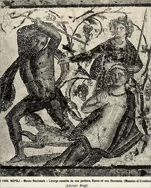 Mosaic depicting Bacchus and a Bacchante watching Licurgus attacked by a panther. The work found in Herculaneum is now preserved in the National Archaeological Museum of Naples