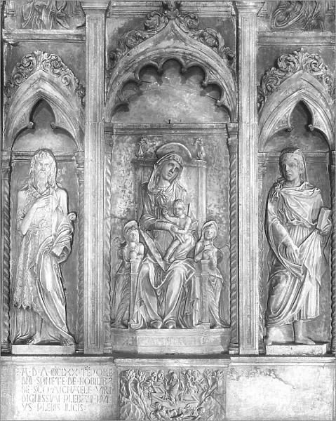 Central detail of the marble altarpiece carved by Riccomanni, on the high altar in the Pieve of San Pantaleone, in Elici, near Pietrasanta, Versilia