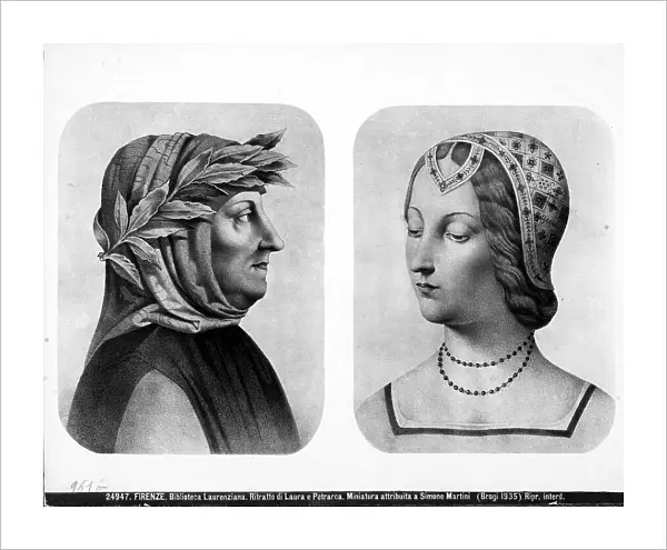 Print with portrait of Laura and Petrarch, at the Medici Laurentian Library in Florence