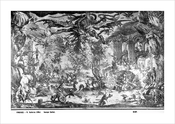 Drawing of theatrical scene. Work by Jacques Callot preserved in the Room of Drawings and Prints in the Gallery of the Uffizi