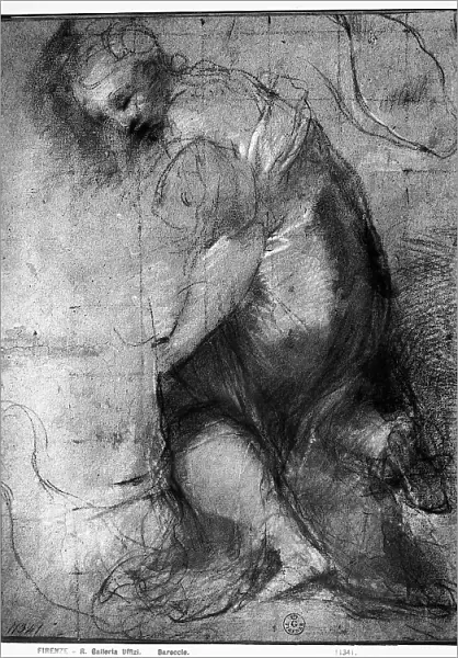 Study of a dressed woman looking down. Drawing by Federico Barocci preserved in the Room of Drawings and Prints in the Gallery of the Uffizi