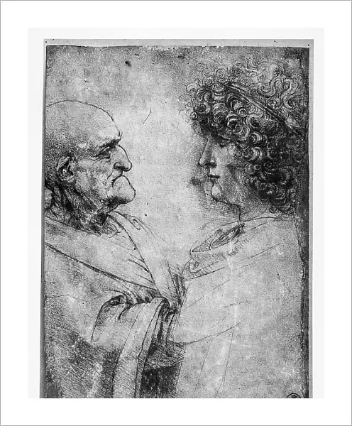 Drawing by Leonardo da Vinci of two male figures. On the right, a youth with a thick head of hair is visible, while on the left is bald elderly man. Work located in the Room of Drawings and Prints in the Uffizi Museum