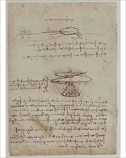 Flying machines, drawing by Leonardo da Vinci, part of the Codex B (2173), c.83v, housed at the Institut de France, Paris