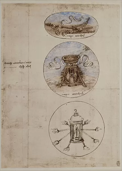 Three emblems: a plow (bearing the inscription 'Hostinato rigore'), a compass ( bearing the inscription 'Destinato rigore') and a lantern with a lit candle, pen and color drawings on paper turned yellow by Leonardo da Vinci; a paper preserved in the Royal Library of Windsor