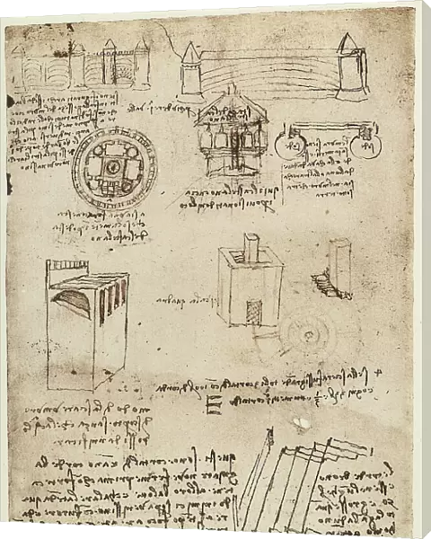 Study for the architectural construction of a military fort; work of Leonardo da Vinci belonging to the Manuscript B (2173), c.48v. preserved at the Institute of France in Paris