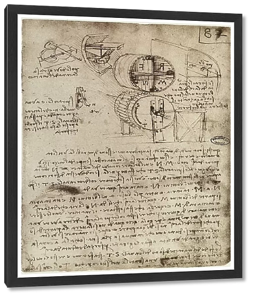 A mechanism for activation a bellows, drawing by Leonardo da Vinci, part of the Codex B (2173), c.82r, housed at the Institut de France, Paris