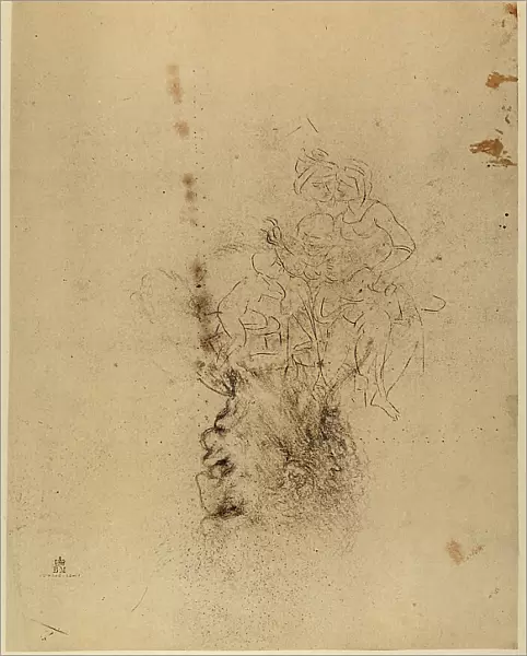 Study of a male head and draft of female figures with children, pen drawing on white paper by Leonardo da Vinci preserved in the British Museum of London