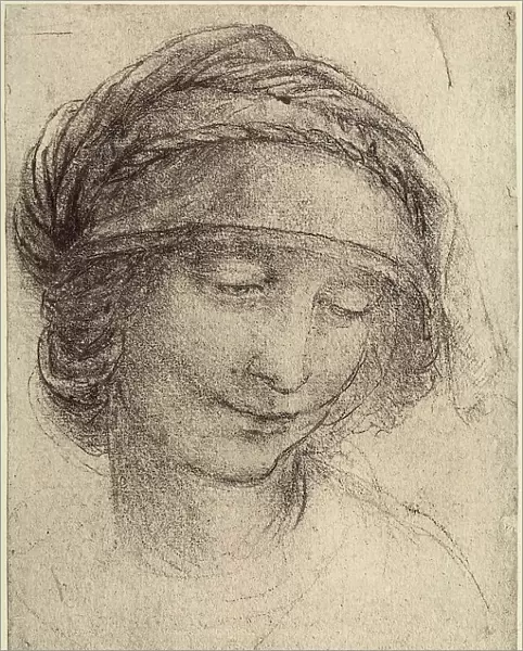 Study of the face of St. Anne, charcoal drawing on white paper by Leonardo da Vinci and preserved at the Royal Library of Windsor