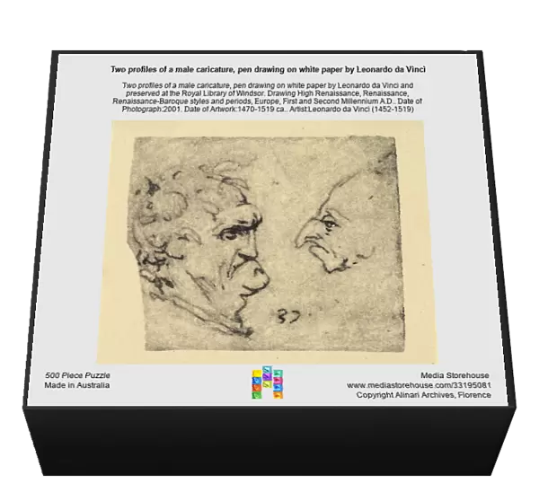 Two profiles of a male caricature, pen drawing on white paper by Leonardo da Vinci and preserved at the Royal Library of Windsor