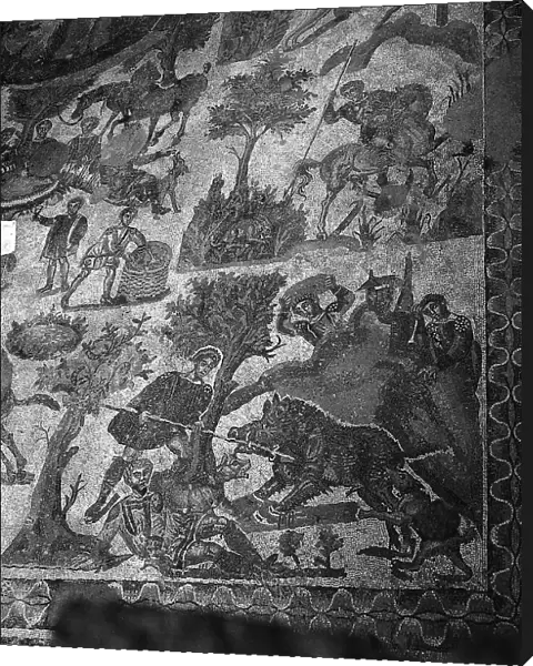 Rural sacrifice to Diana, detail of the mosaic of the Little Hunt, housed in a room of the peristyle, in the Villa Romana del Casale, in Piazza Armerina